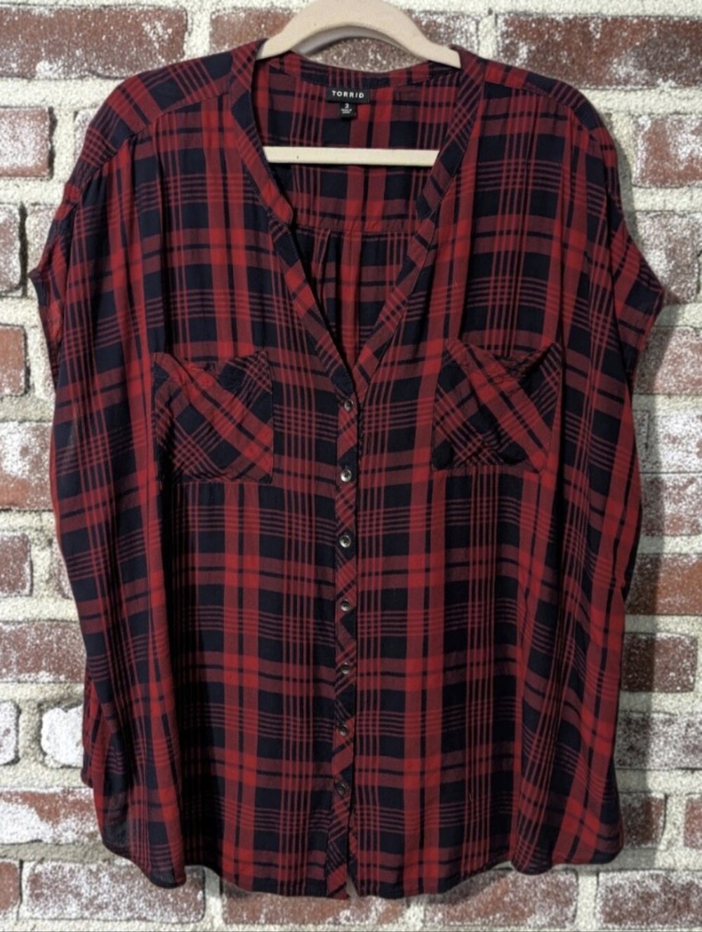 Torrid Red & Black Plaid Check Dolman Style Sleeve Button Blouse, Size 3X